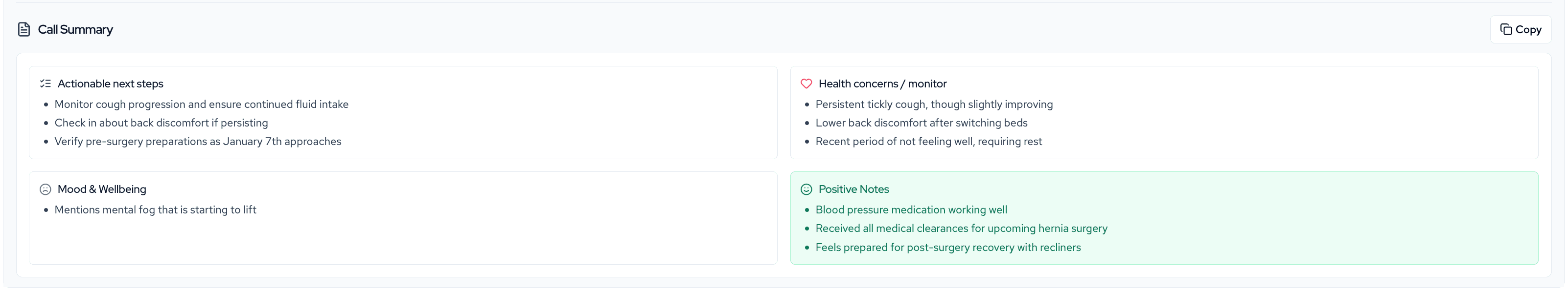 Gloria Call Summary - AI-generated insights showing health notes, mood tracking, and actionable next steps